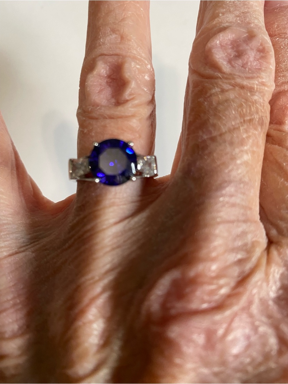 925 Sterling Silver Purple/Deep Blue CZ Three Stone Statement Ring Sz7